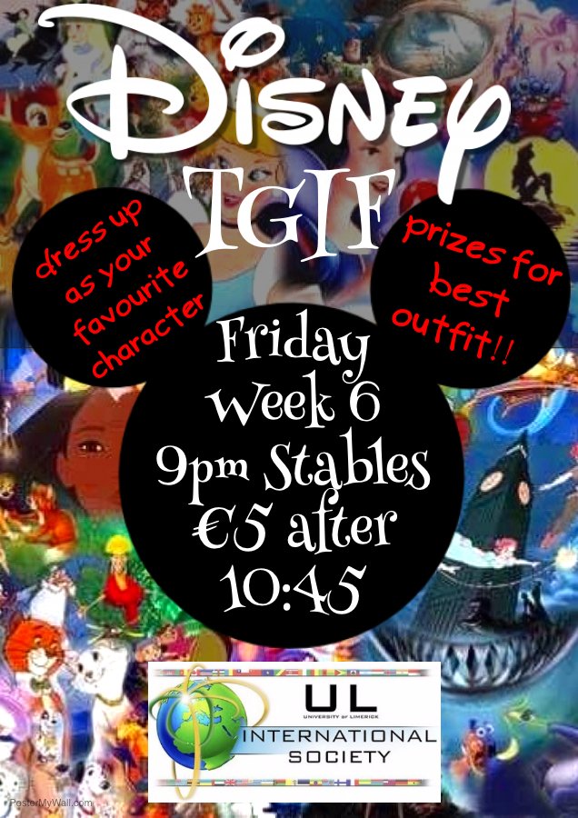 ULIntSociety's tweet photo. Our Disney TGIF is tonight in the @stablesclub Come out in your best Disney outfits to win some great prizes! https://t.co/sIBlIw0xK6 https://t.co/RgFUNsMkPZ