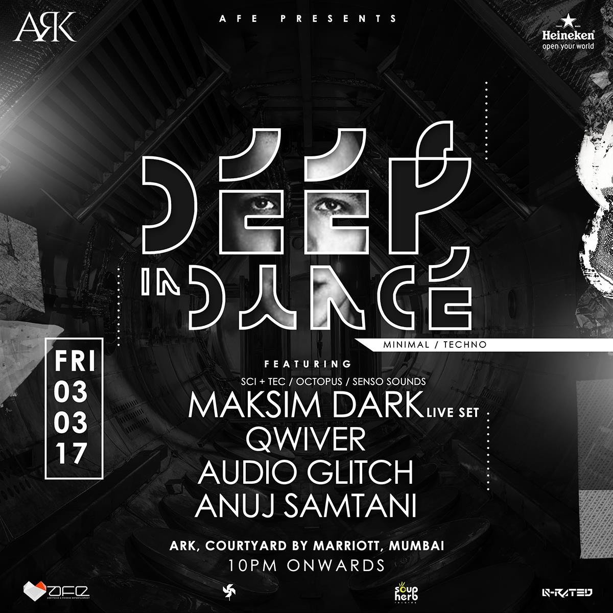 #Tonight!
A night of #groovy #minimal in store for you <a href="/ArkBarMumbai/">Ark Bar Mumbai</a> w/ <a href="/maksimdark/">MAKSIMDARK</a>, <a href="/AudioGlitch/">Audio Glitch</a>, Qwiver &amp; <a href="/AnujSamtani/">Anuj Samtani</a> for <a href="/d33pindance/">Deep in Dance</a>