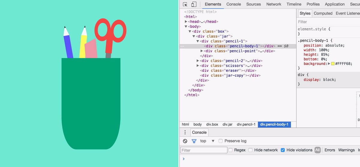 sarahjdes's tweet photo. Still rocking #100DaysOfCode, #day55, with a new #DailyCSSImages : a pencil jar, along with some supplies in it! #purecss #cssprincess https://t.co/dP3Jh0y6Vm