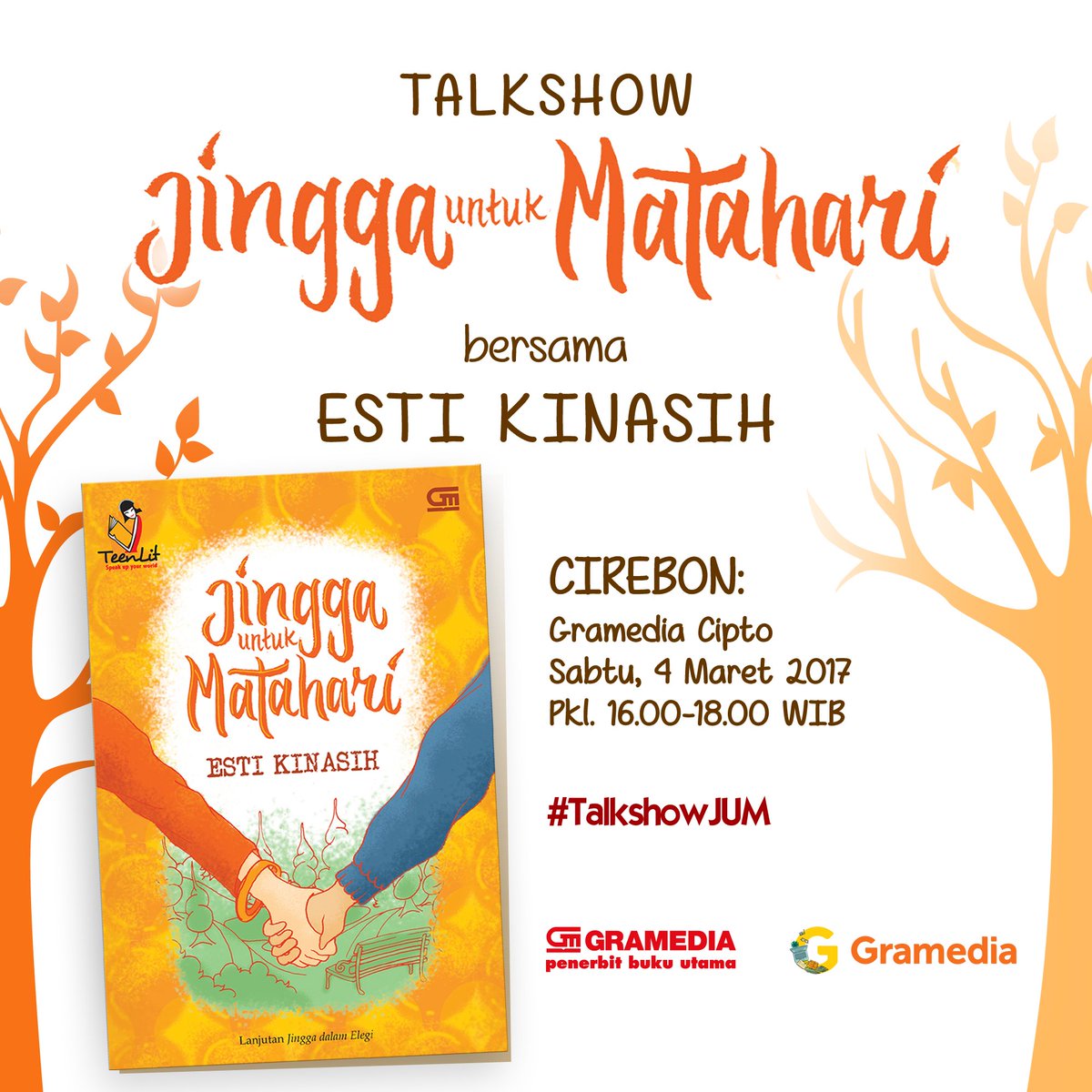 bukugpu's tweet photo. Besok (4/3) #TalkshowJUM di Gramedia Cipto Cirebon bersama Kak Esti Kinasih! Ajak teman-temanmu, ya! Kita ramaikan acaranya! 😁 https://t.co/tkfDXdqwaz
