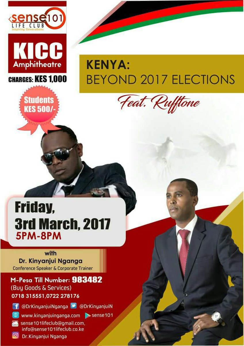 Sense101Lfclub's tweet photo. Do doin @DrKinyanjuiN for: Kenya #Beyond2017Elections happening today at @KICC_kenya Amphitheatre 5pm-8pm to promote peaceful elections. https://t.co/h28RgJT0VI