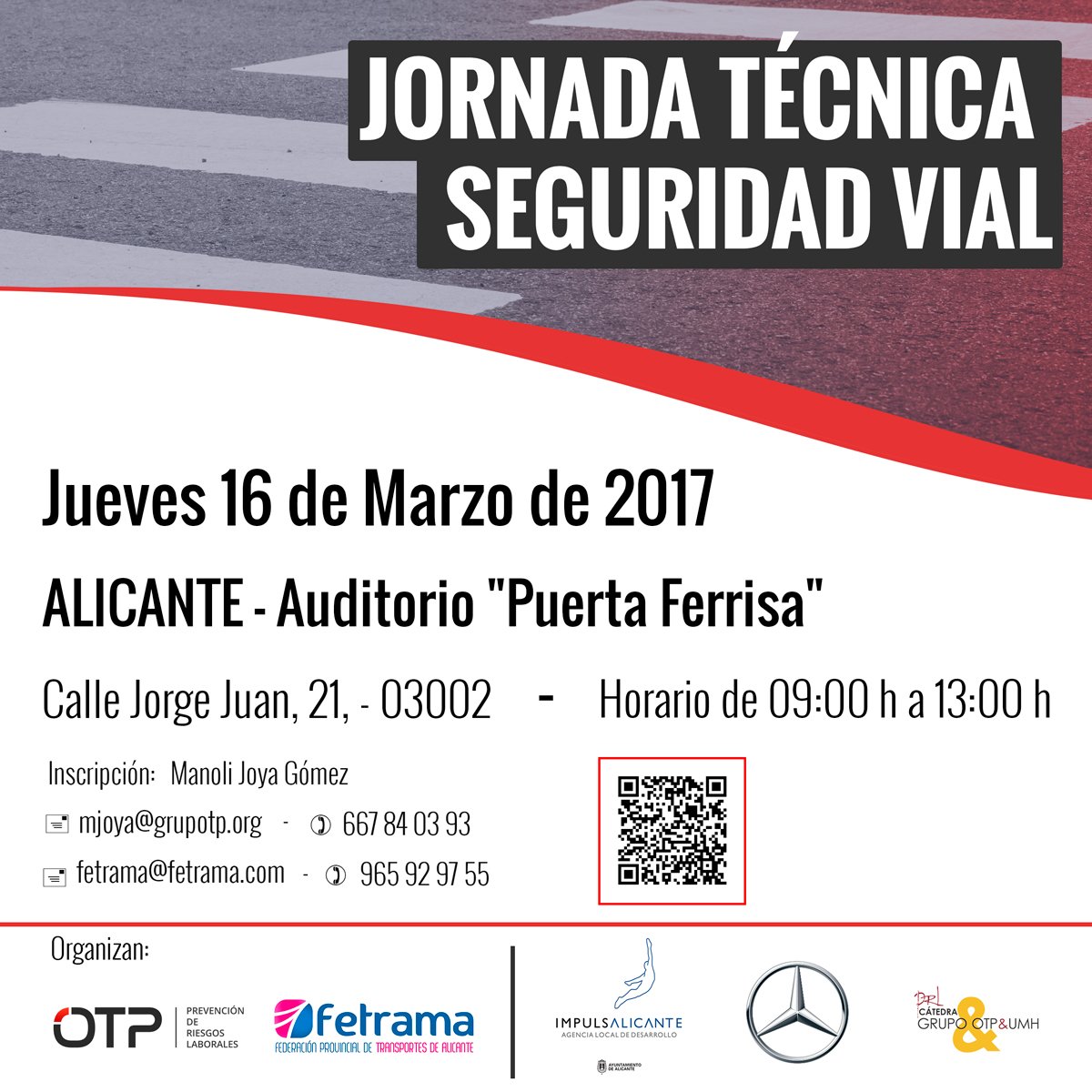 PrevencionOTP's tweet photo. #AgendaPRL 16 de marzo en #Alicante Jornada Técnica sobre #SeguridadVial laboral https://t.co/YQktUDh0ji @ImpulsAlicante https://t.co/bgUD5Zdlxa