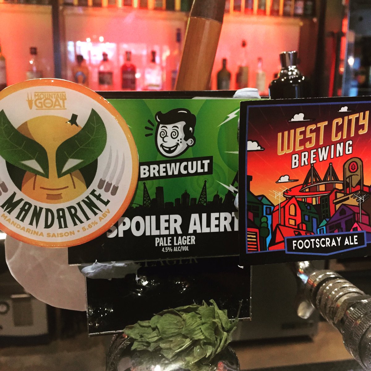 mrgriffithsbar (@mrgriffithsbar) on Twitter photo Now pouring... <a href="/goatbeer/">Mountain Goat Beer</a> Mandarina Saison, <a href="/BrewCult/">Brewcult Brewing Co.</a> Spoiler Alert Lager and <a href="/WestCityBrewing/">WestCityBrewing</a> Footscray Ale! #Craftbeer Now pouring... <a href="/goatbeer/">Mountain Goat Beer</a> Mandarina Saison, <a href="/BrewCult/">Brewcult Brewing Co.</a> Spoiler Alert Lager and <a href="/WestCityBrewing/">WestCityBrewing</a> Footscray Ale! #Craftbeer