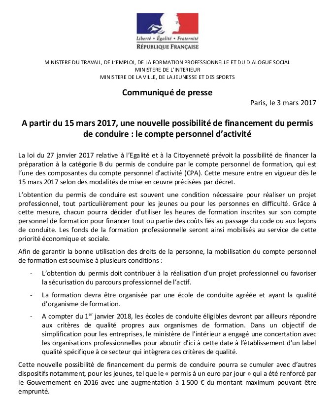 📌Le compte personnel d'activité permettra de financer la préparation à la catégorie B du #permisdeconduire  🚗 à compter du 15 mars 2017 ⬇️