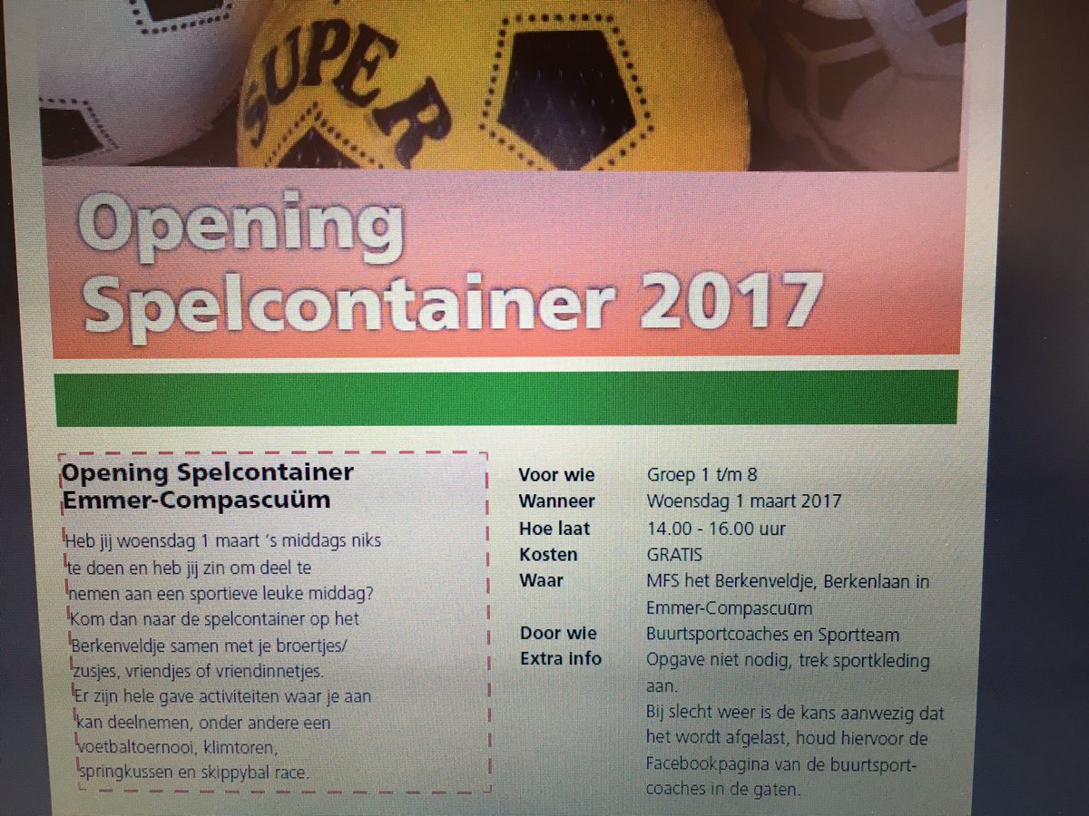 Vanmiddag is van 14.00-16.00 uur de opening van een nieuw seizoen van 'de Spelcontainer' in Emmer-Compascuum. #gratisbewegen #SportiefEmmen