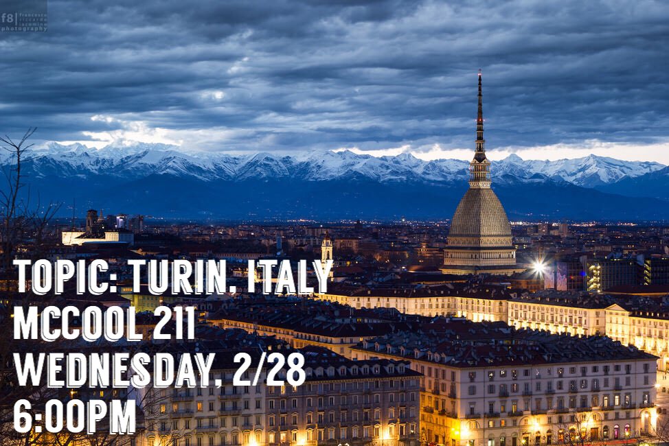 Join us in McCool 211 tonight to hear a fellow student share her experience studying abroad in Italy! We hope to see you there at 6:00pm!