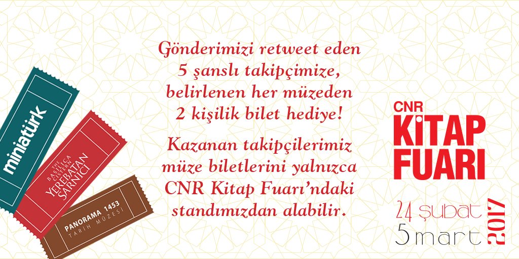 Gönderimizi retweet eden 5 şanslı takipçimize her müzeden 2 kişilik bilet hediye!
📌3 Mart'a kadar geçerlidir.
#cnrkitapfuari
#kulturistanbul