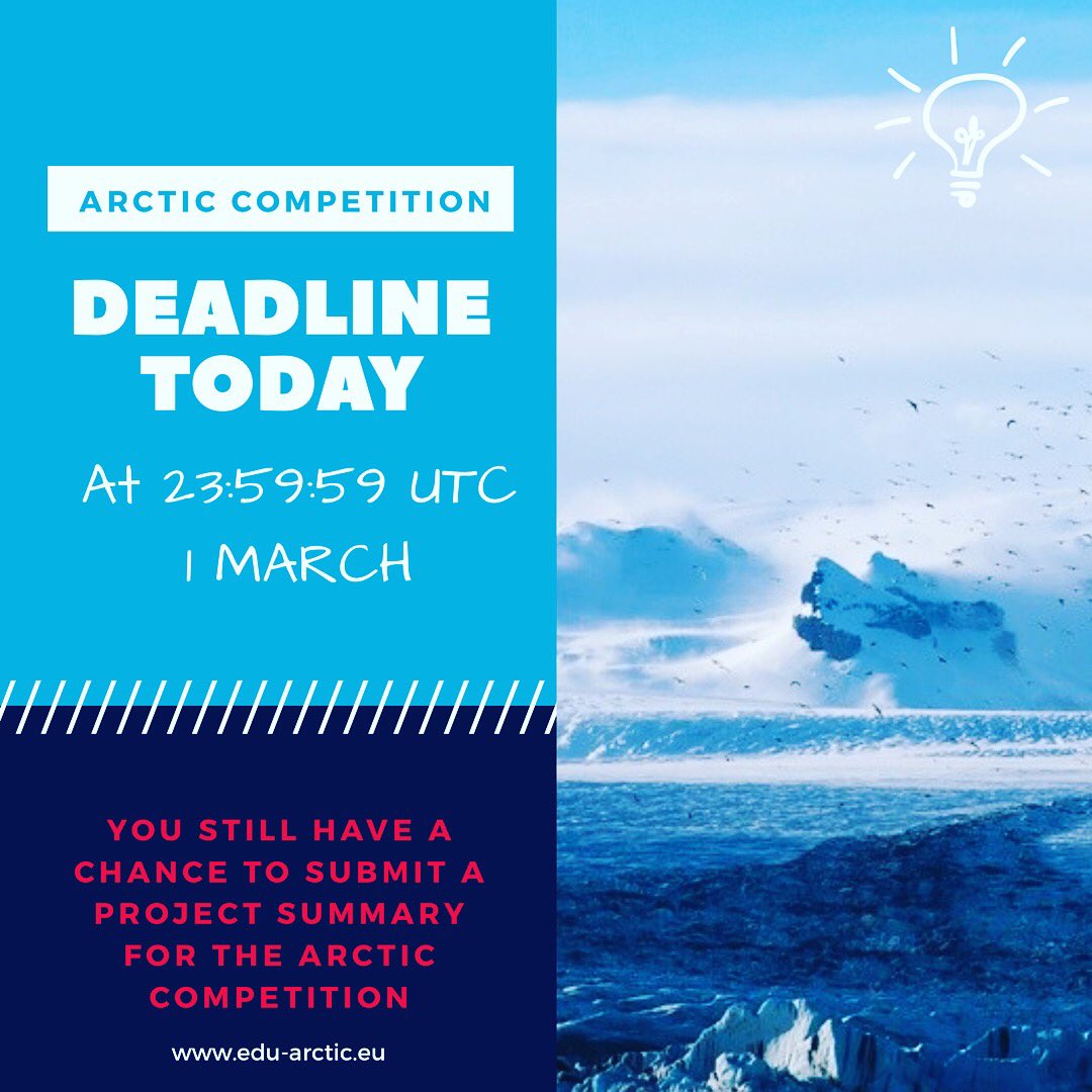 eduarctic's tweet photo. DEADLINE today to submit a project summary https://t.co/cMa8QuwuM1 #arcticcompetition #STEM #research #eduarctic @EUJH2020 #ResearchImpactEU https://t.co/vKPvsXXr9J