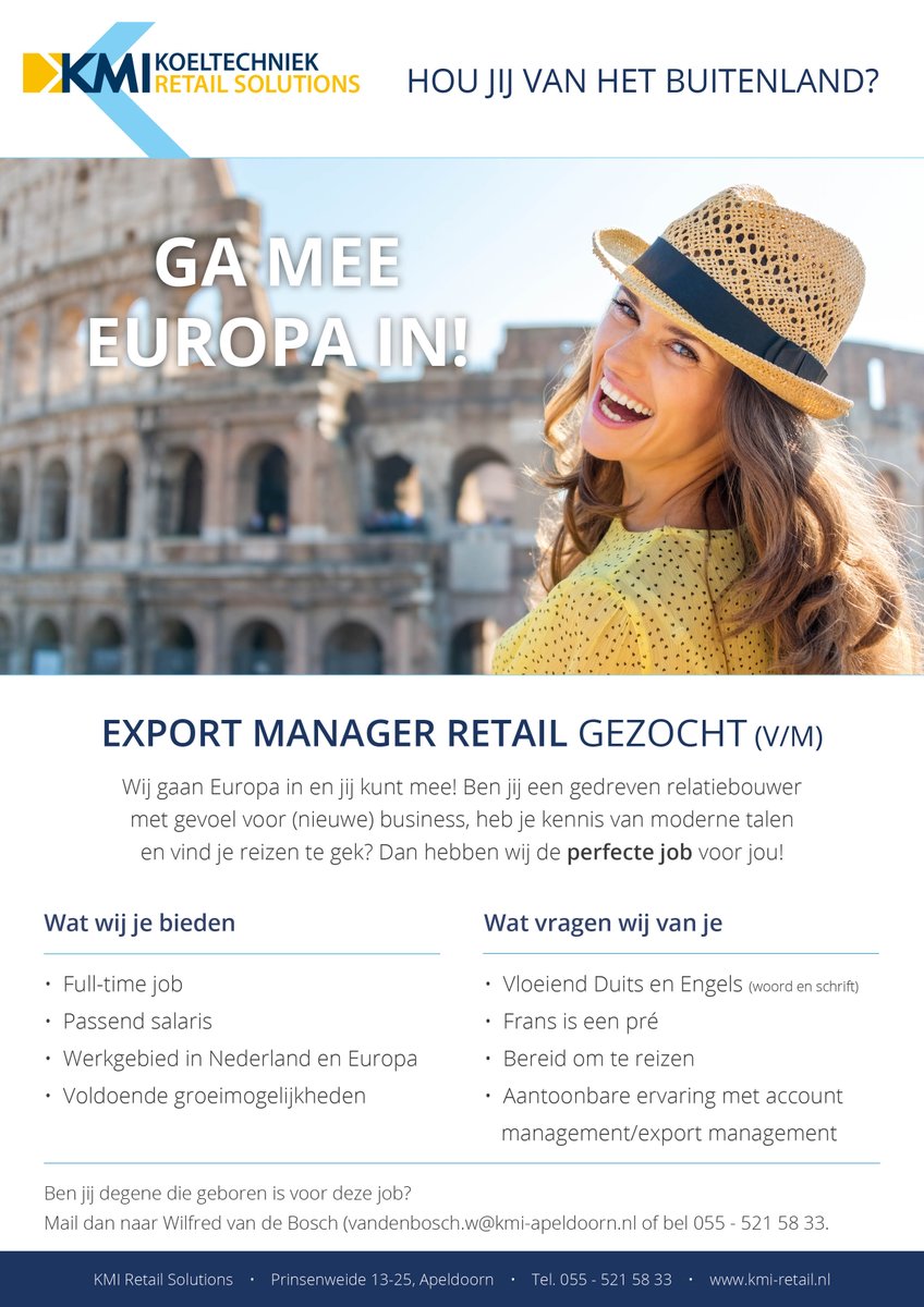 Hou jij van het buitenland? Dan heeft KMI Retail de job voor jou! Wij zoeken een Export Manager Retail. Interesse? Neem contact met ons op.