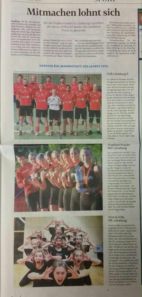 TriTeamLG's tweet photo. Unsere @LigaTriTeamLG Damen sind als bestes Team Lüneburgs von @lzgezwitscher nominiert! Heute LZ kaufen, Stimmzettel für uns ausfüllen! https://t.co/udrPhvqb1r