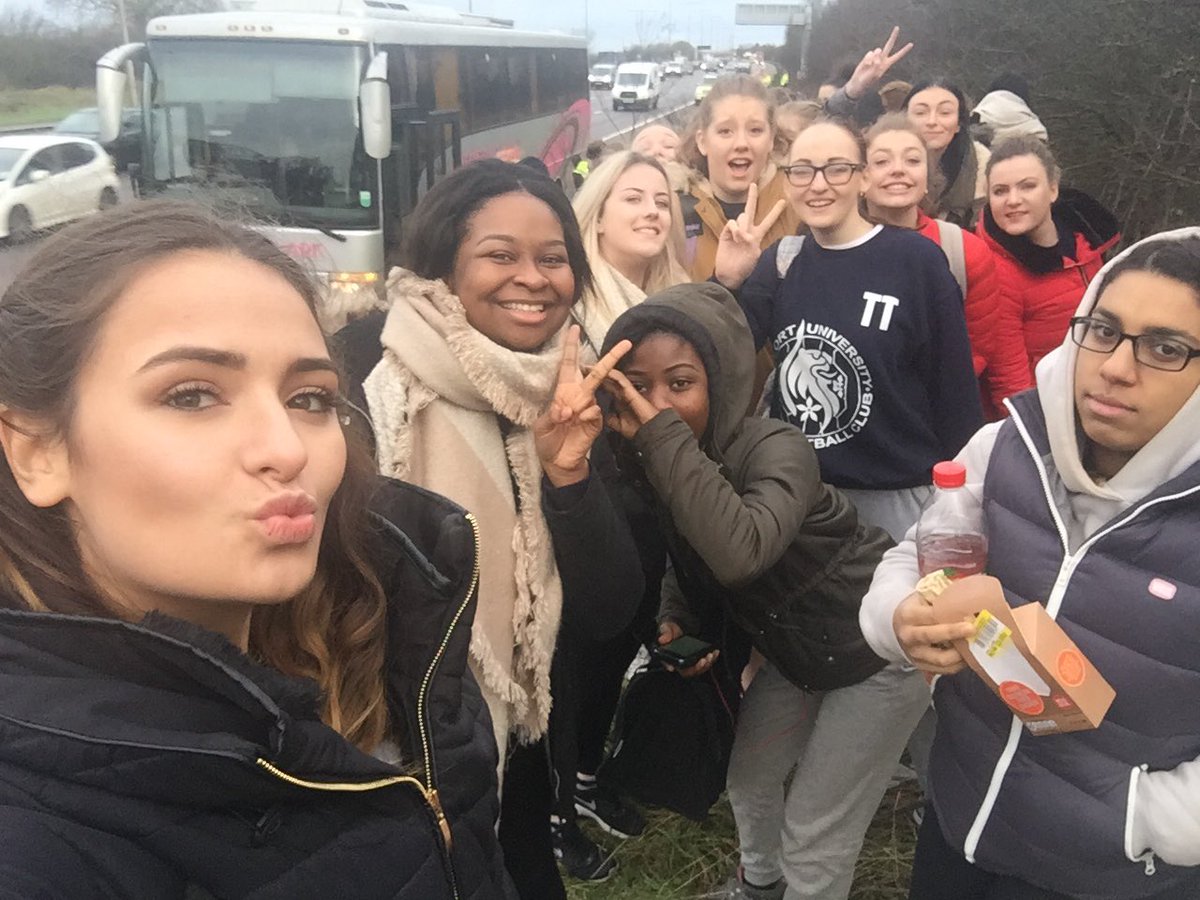 DMUNetball's tweet photo. We may have hit a bump in the road, broken down on the M1... spirits are still high! https://t.co/mfOUIb7BeA