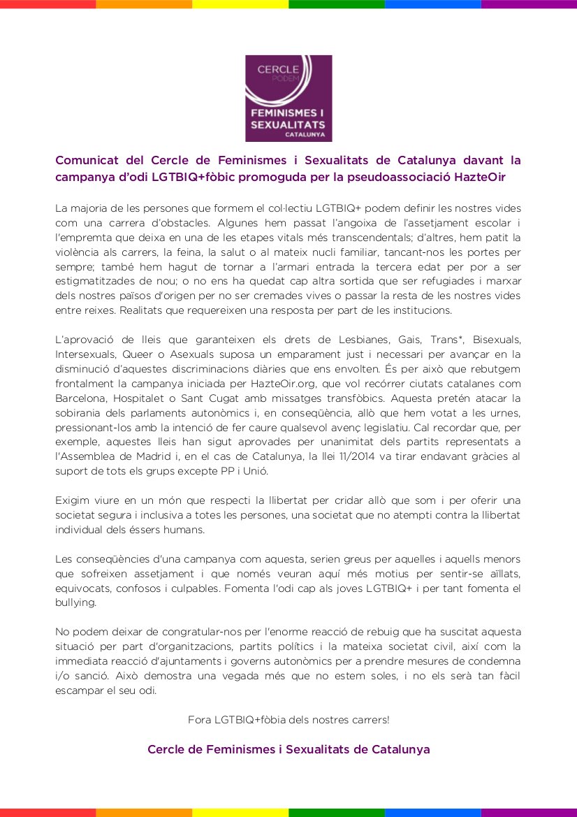 PFeminismesCat's tweet photo. Comunicat davant la campanya d'odi LGTBIQ+fòbic promoguda per @HazteOir #ToleranciaCeroConHazteOir
#HazteMirarLaTransfobia @podem_cat https://t.co/6BJtm4izfY