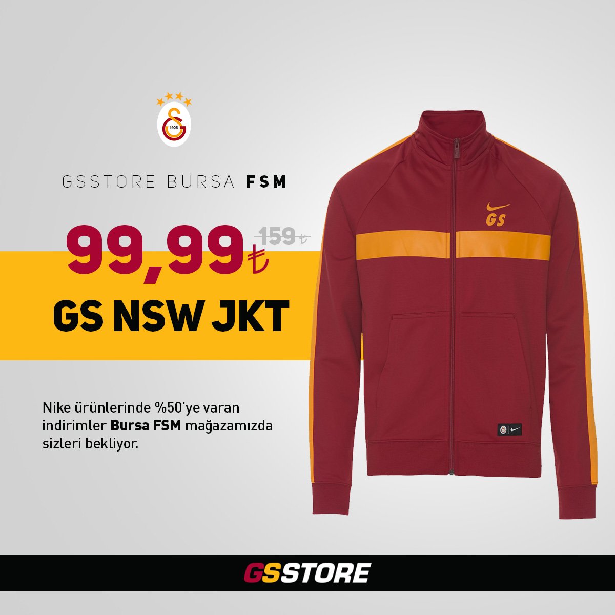 GSStoreBursa's tweet photo. GS NSW JKT 159TL yerine 99,99TL. Nike ürünlerinde %50'ye varan indirim fırsatı #Bursa FSM #GSStore'da. #GSStoreFSM | 0 (224) 451 51 94 https://t.co/2zGnZ6uEWX