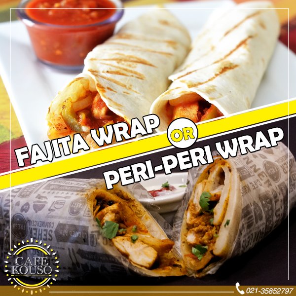 CafeKouso's tweet photo. What's your type of Wrap? A Fajita or Peri-Peri?
You can order us at 021 35852797 
Or sms /whatsapp at 03452061632, 03212762094. https://t.co/nXJExGTycu
