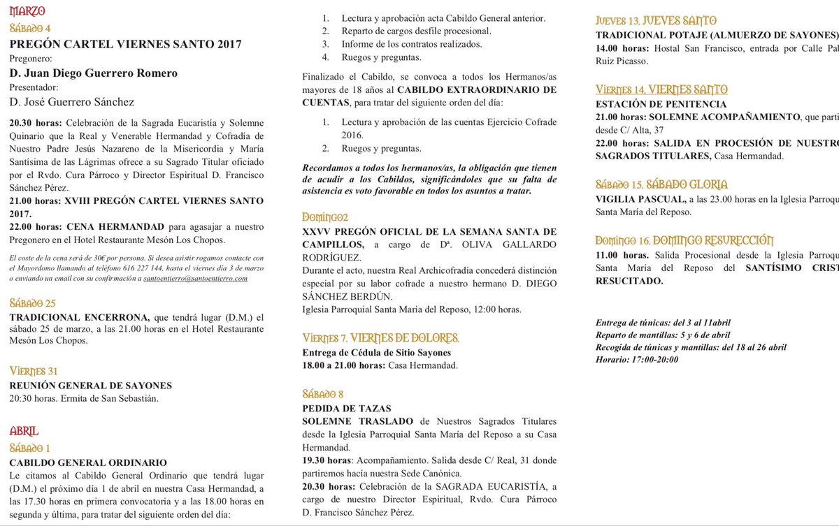 StoEntierro's tweet photo. AGENDA CUARESMAL 2017 
Tríptico con los actos de nuestra Archicofradía para la #cuaresma2017 

#Cuaresma17 #SSanta17  #semanasanta https://t.co/DjN2fzYV9s