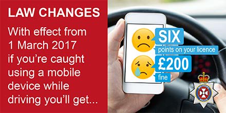 wiltshirepolice's tweet photo. -LAW CHANGE- As of today the penalties using a phone whilst driving will double to a £200 fine &amp; 6 penalty points https://t.co/1OzaEmRAW4 https://t.co/rCaLJt10Ug