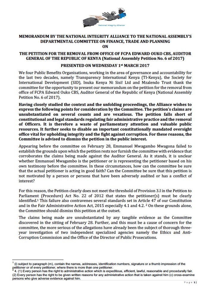 chapter1KE's tweet photo. Memorandum by the National Integrity Alliance to the National Assembly's Departmental Committee #ProtectOuko https://t.co/8SCr60Q9FG