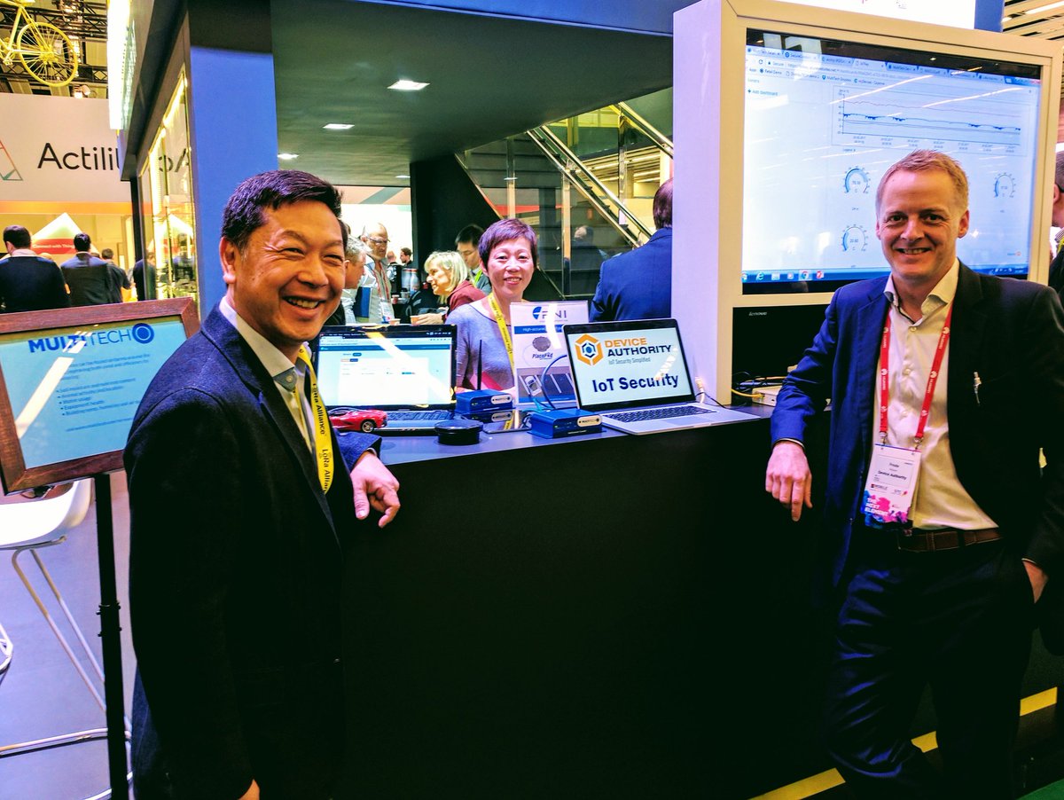 JoinedWorld's tweet image. All smiles on day 3 at the #MultiTechSys stand at #MWC2017 from #DeviceAuthority and #PNI check out the #LoRaWAN  demos at Hall 8.0D3
