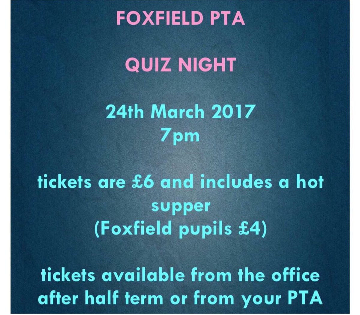 foxfield_pta's tweet photo. WINNER OF 2 TICKETS WILL BE ANNOUNCED AT 6pm -RT to be in with a chance! #quiznight #foxfield #musicround #fabnightout #pta #foxfieldpta 👌🏻 https://t.co/HRBP80oZ92