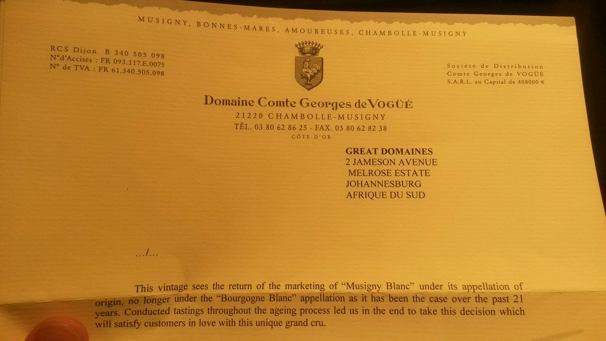 Big news as Domaine Comte Georges de Vogue decides to reclassify their Bourgogne blanc to Musigny blanc from 2015