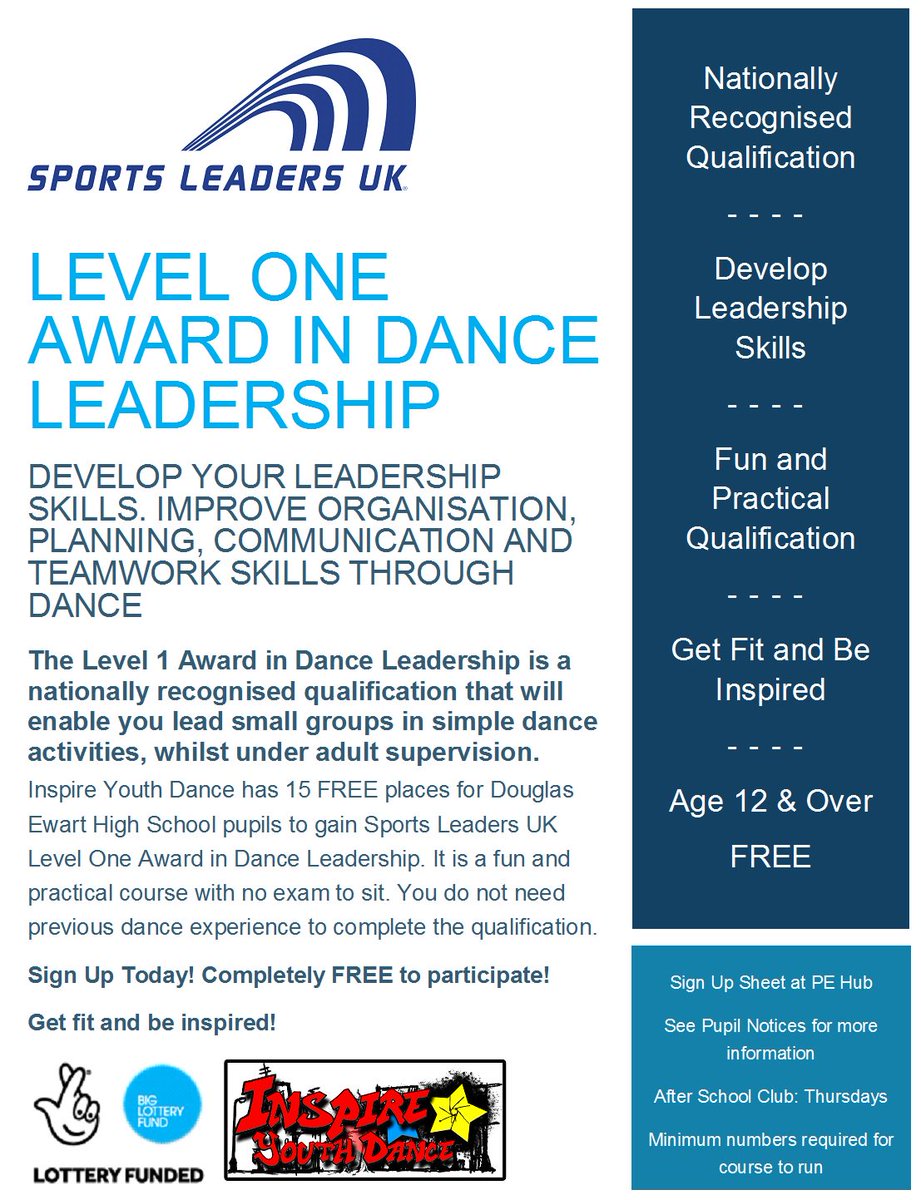 FREE course for #DouglasEwartHighSchool pupils #NewtonStewart with Inspire Youth Dance. Nationally recognised leadership qualification