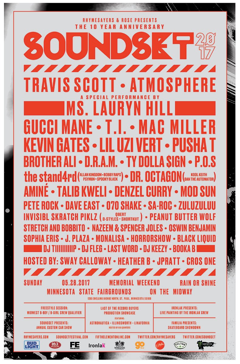 rhymesayers's tweet photo. The #Soundset2017 lineup is here! @soundset tix go on sale THIS FRIDAY at 11 AM CST via @frontgatetix and in-store at @fifthelementrse https://t.co/v9AVRLrj50