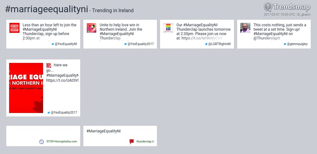 TrendsIreland's tweet photo. #marriageequalityni is now trending in Ireland

https://t.co/WQtPH2opws https://t.co/WXKIh9I3cO