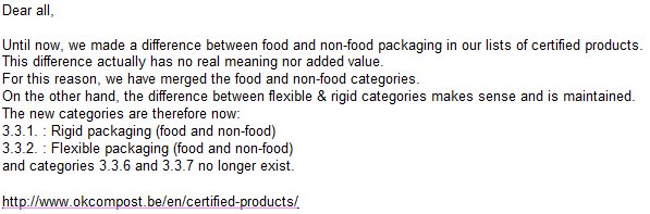 OKcompost's tweet image. The categories of certified products have changed. We no longer make difference between food and non-food packaging okcompost.be/en/certified-p…