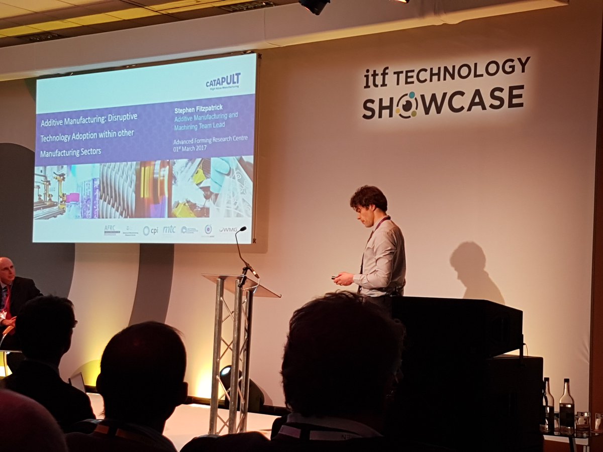 AFRCStrathclyde's tweet photo. Stephen Fitzpatrick, one of our senior engineers, takes to the stage @itfenergy #techshowcase2017 - the adoption of #additivemanufacturing https://t.co/cwtPo8SrC4