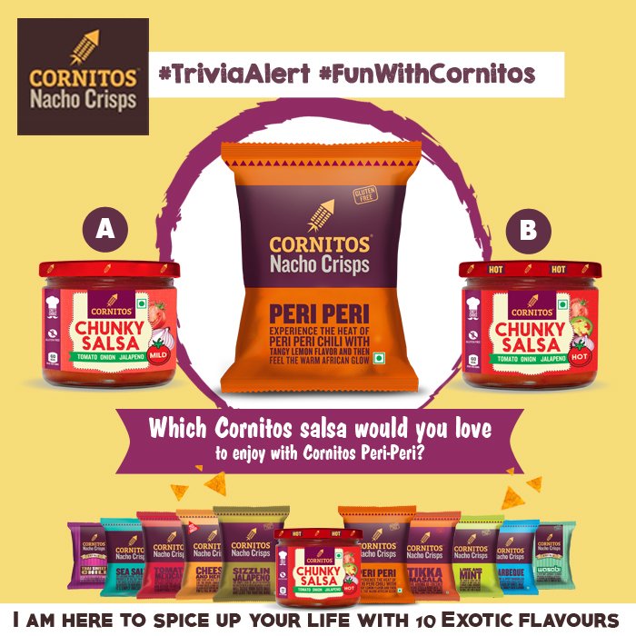 #TriviaAlert #FunWithCornitos 
Which Cornitos salsa would you love to enjoy with Cornitos Peri-Peri? 
#LIKE #SHARE #COMMENT #TAG
