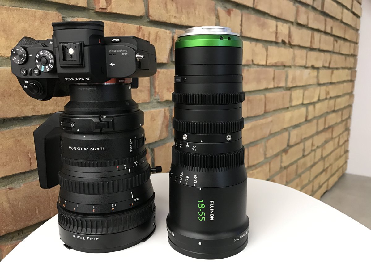 I am reviewing the Fuji 18-55 MK cinema lens. Seen here next to the Sony 28-135mm!
