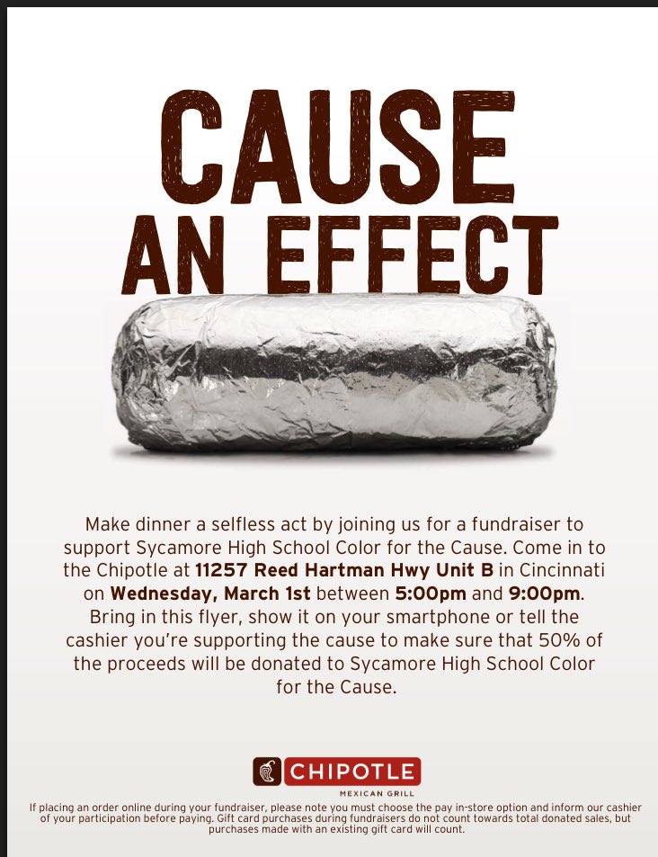 Don't forget chipotle tonight 5-9 on reed Hartman!