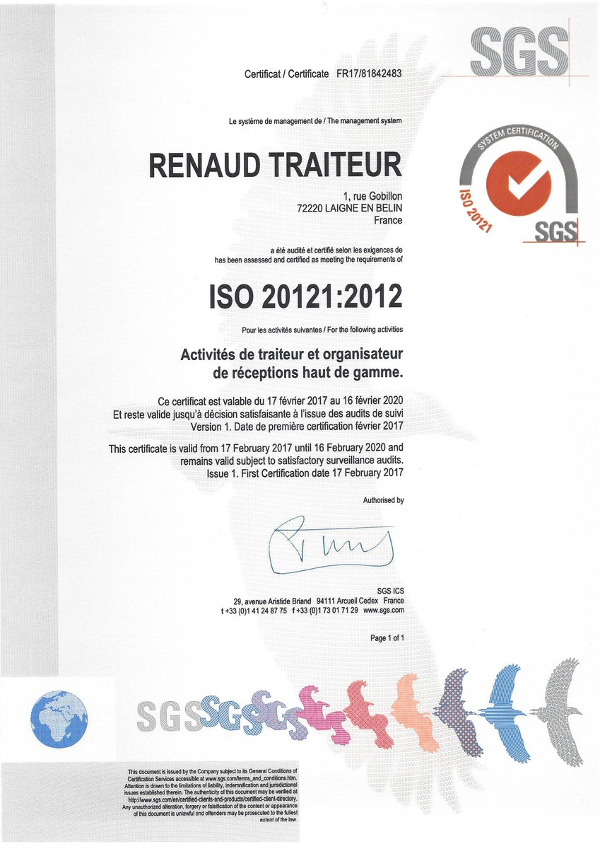 RenaudTraiteur's tweet photo. C’est officiel, le 17 février 2017, RENAUD Traiteur a obtenu sa certification ISO 20121 ! https://t.co/y90fXy9Hnu
