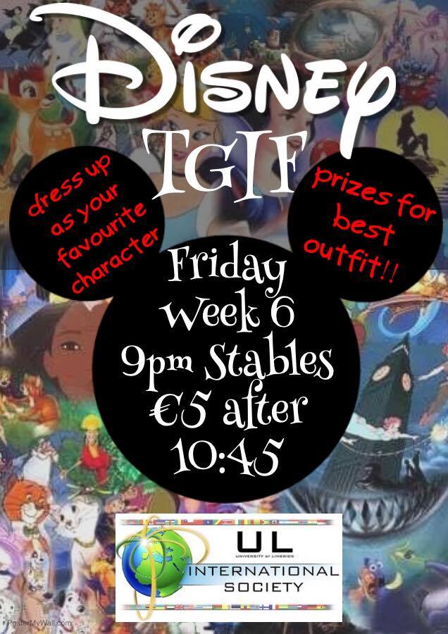 ULIntSociety's tweet photo. Disney TGIF is this Friday from 9pm in the Stables! Put on your best Disney theme/ character outfits and come along! https://t.co/sIBlIw0xK6 https://t.co/9XB2SEUCEb