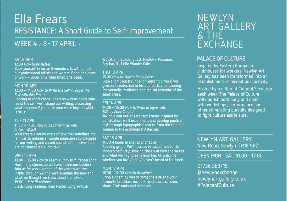 RESISTANCE (@resist_newlyn) on Twitter photo The #PalaceofCulture wk 4 Programme is live! A week of talks, workshops & performances curated by <a href="/EllaFrears/">Ella Frears</a> -book: …lture-resistance-tix.eventbrite.co.uk The #PalaceofCulture wk 4 Programme is live! A week of talks, workshops & performances curated by <a href="/EllaFrears/">Ella Frears</a> -book: …lture-resistance-tix.eventbrite.co.uk