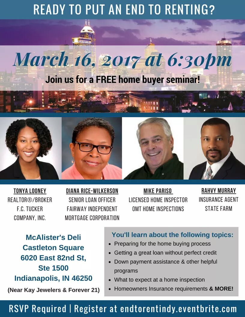 "Ready to Put an End to Renting? Free Home Buyer Seminar!" #indy #firsttimehomebuyer #norent
eventbrite.com/e/ready-to-put…