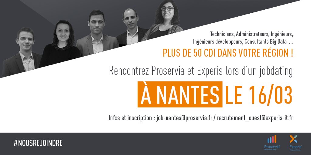 #SaveTheDate 📅 Nos équipes #recrutement s'unissent avec celles d'<a href="/Experis_France/">Experis France</a> pour l'#emploi IT. Rdv le 16/03 à #Nantes, inscrivez-vous !