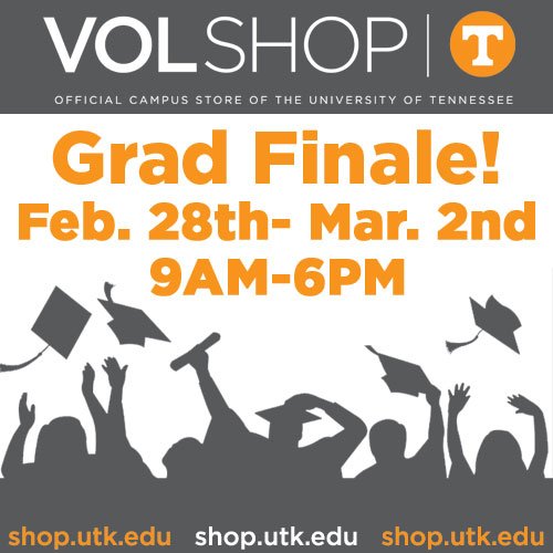 UTVolShop's tweet photo. 2nd day of Grad Finale! Graduating in May? Stop by the SU Atrium & get discounts on graduation necessities! #UTGrads #VolForLife #CapAndGown https://t.co/sZLoohyCRJ