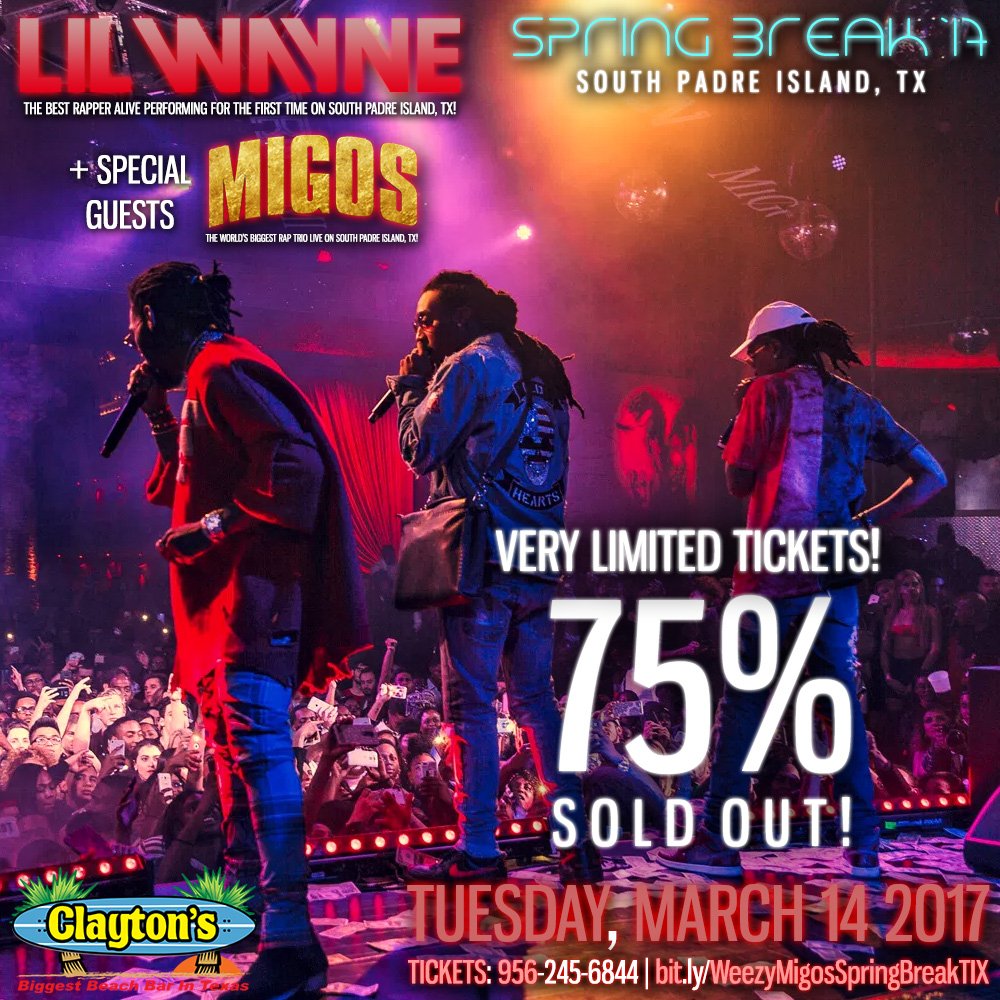 UnstoppableCo's tweet photo. #SpringBreak17 heats up #TexasWeek w/ @Migos on #SPI! 

🎟$90 GA // $135 VIP
📱 956-245-6844 | 💻 https://t.co/uADxosyCQy https://t.co/6HraAdKJcU