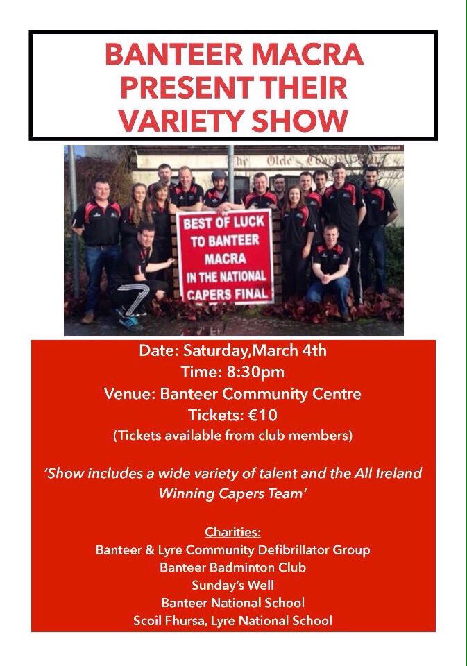 banteermacra's tweet photo. Make sure to come out and support our Variety Show Saturday night in aid of some great local groups! Tickets are €10! 🎤🎭💃🏼🎷🏆 https://t.co/wrJRmS9fsP