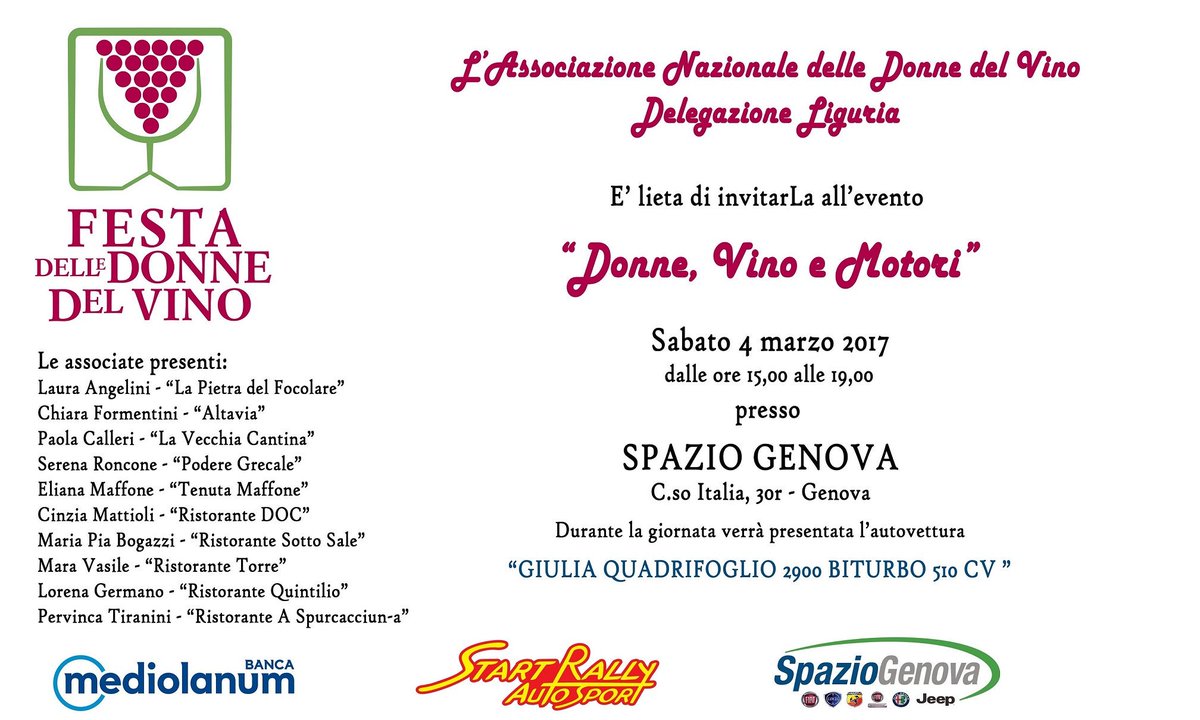 PodereGrecale's tweet photo. Pronti il #4marzo a #genova per la #festadonnedelvino2017 vi aspettiamo per un brindisi #vino #liguria #degustazioni #eventiliguria https://t.co/U66ydhE4fR