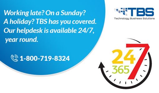 TBSNetworks's tweet image. Working late? On a Sunday? A holiday? TBS has you covered. Our #helpdesk is available 24/7, year round. #HelpDeskService #ITSupport