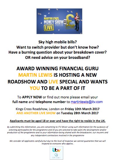 <a href="/putmeonyourtv/">PutMeOnYourTV</a> The Martin Lewis Money Show LIVE is back looking to save money by haggling for you. #MartinLewis #broadband #tariffs