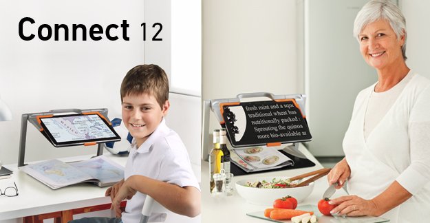Student posing with his Connect 12 / Senior lady using the Connect 12 to read a cookbook while cooking