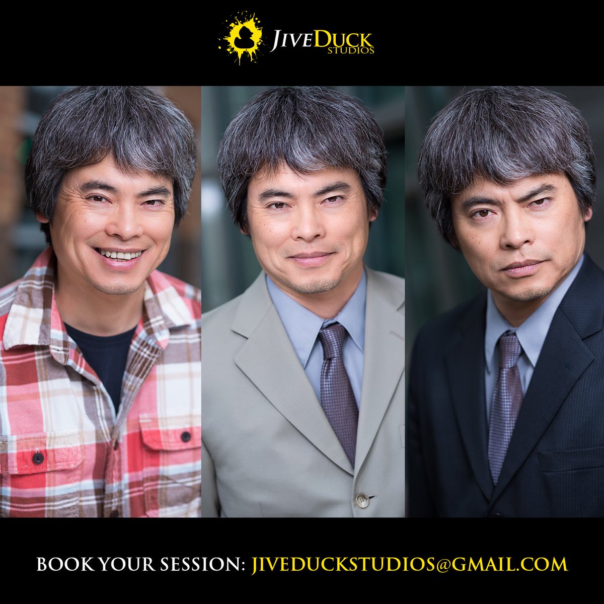 JiveDuck's tweet photo. From happy dad to villain 😎 Here's actor Eiji Inoue and his 3 #headshot looks. 
#PilotSeason #JiveDuck https://t.co/ii3ebv4iDm