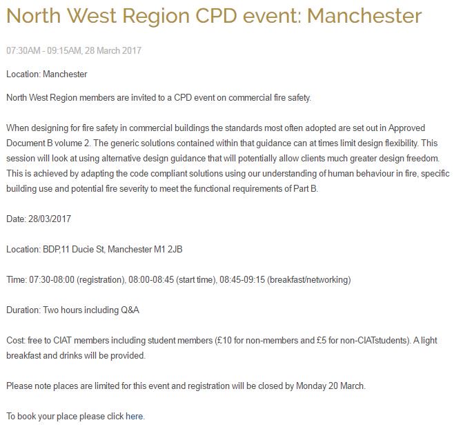 CIATNorthWest's tweet photo. 28th March 2017 @CIATechnologist #CPD #Manchester 
Commercial Fire Safety #BS9999 
Members and non-members welcome
 https://t.co/UQYGf1reDw https://t.co/WIMZ6mC7ay