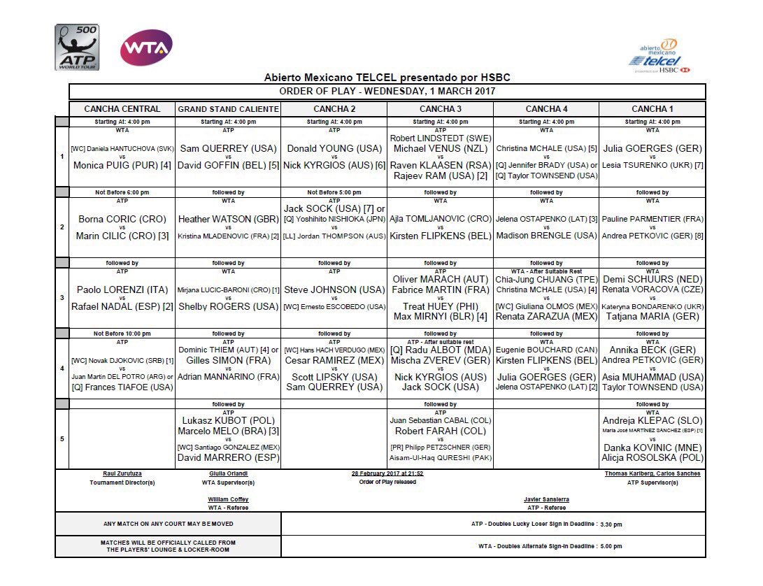 AbiertoTelcel's tweet photo. Orden de Juego - Miércoles, 1 de marzo. #AMT2017 #OOP https://t.co/9usUQ3mZpC