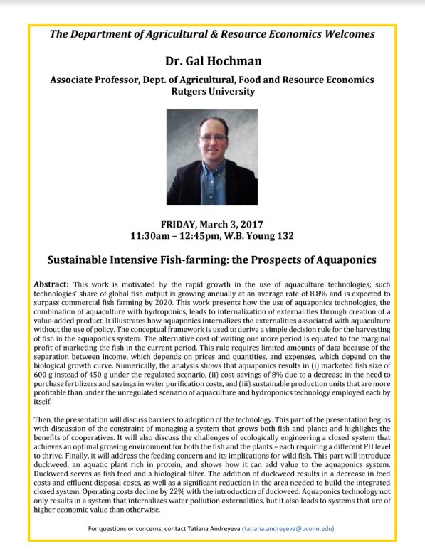 AREUConn's tweet photo. Friday 3/3: Dr. Gal Hochman @RutgersU will be giving a seminar on Sustainable Intensive Fish-Farming. @UConnCAHNR https://t.co/nKhVMxZHKd