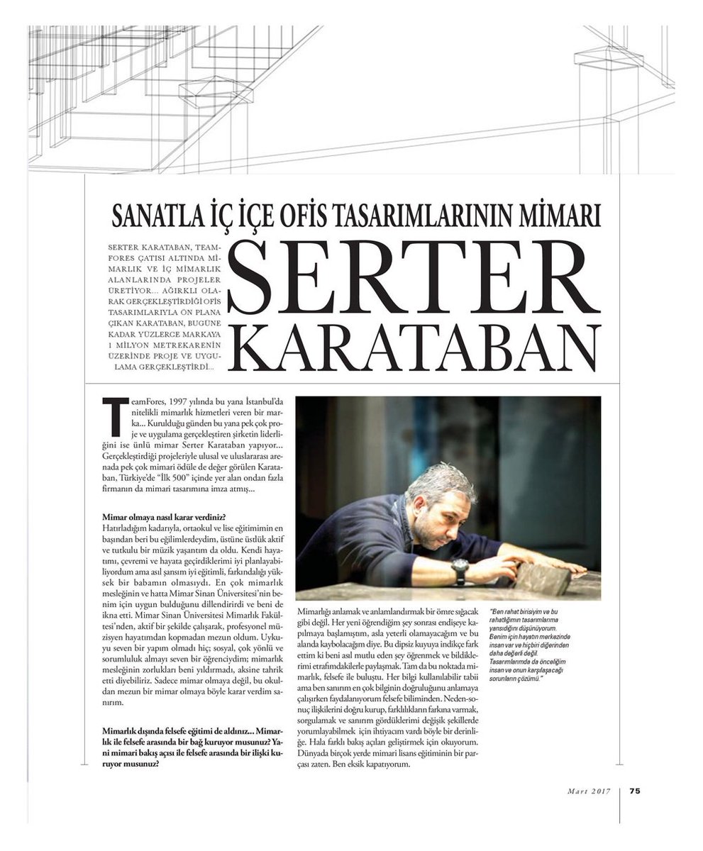 TeamFores's tweet photo. Serter Karataban röportajı Gentleman Mart 2017 sayısında...
#teamfores #serterkarataban #architecture #interior #design #tasarım #mimarlık https://t.co/6fby8PqjF1