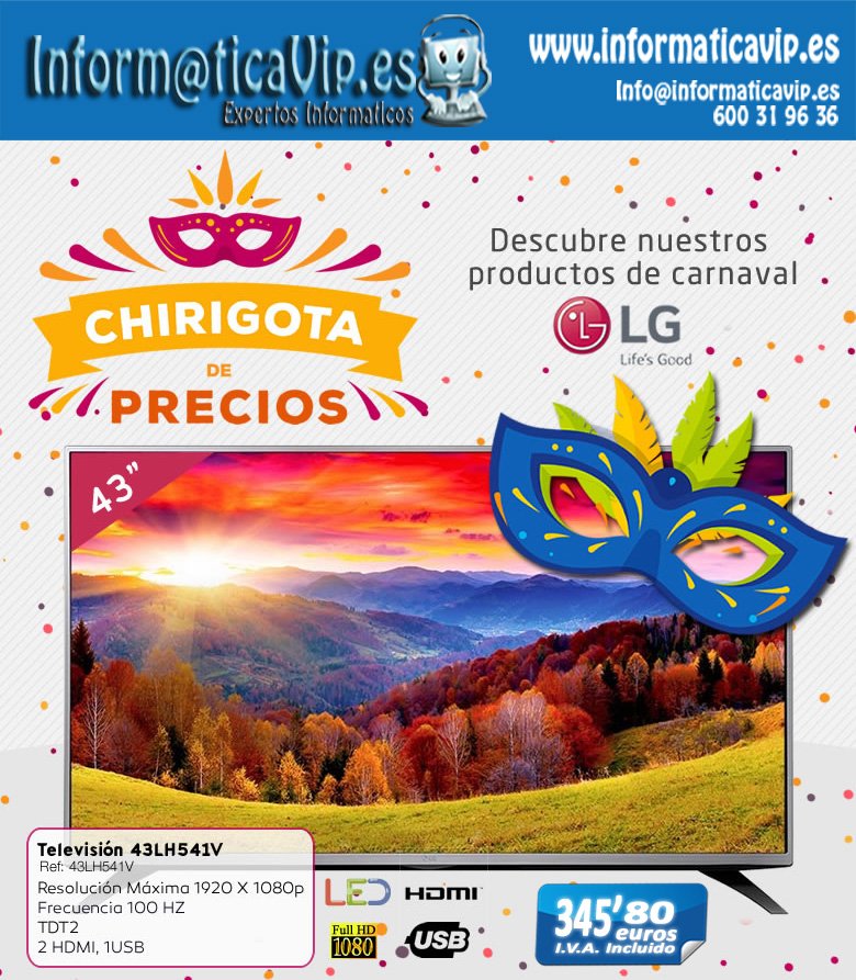 Informaticavip_'s tweet photo. #Chirigota de #precios! #TV #lg #fullhd 43# de estilizado diseño! Alta calidad de #imagen y precio increíble! #electronica #felizmiercoles https://t.co/tbjXjLUKA0
